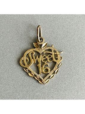 14k Yellow Gold SWEET 16 SIXTEEN Diamond Cut Etched Heart Charm Pendant Necklace